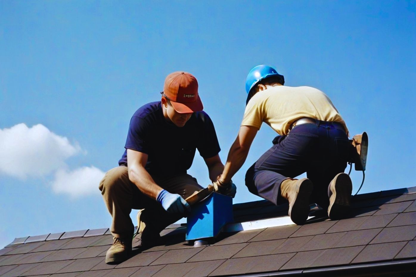 chimney technicians inspecting chimney chimney technicians inspecting chimney on top of a roof