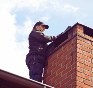 chimney technician inspecting top of chimney