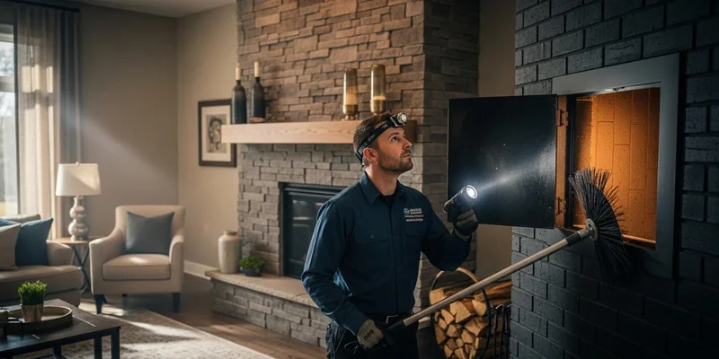 Certified technician inspecting a fireplace for chimney creosote buildup in a Lakewood home.