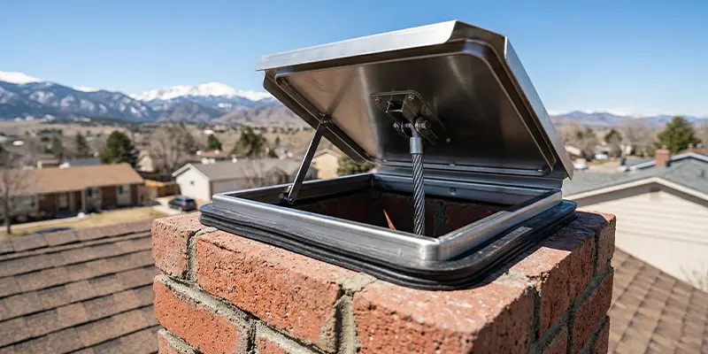 A new top-sealing damper installed on a Lakewood chimney to prevent water intrusion and bad odors.