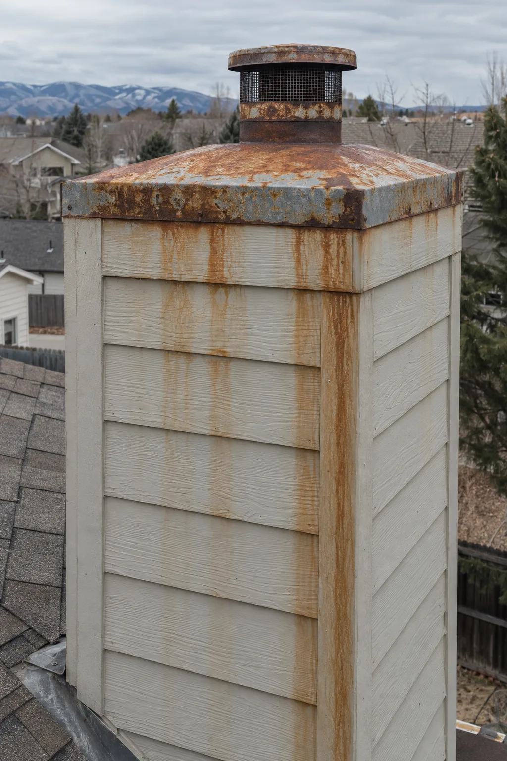 A rusted galvanized chase cover on a prefab chimney chase with prominent orange rust streaks staining the white siding beneath it, photographed close-up in flat daylight