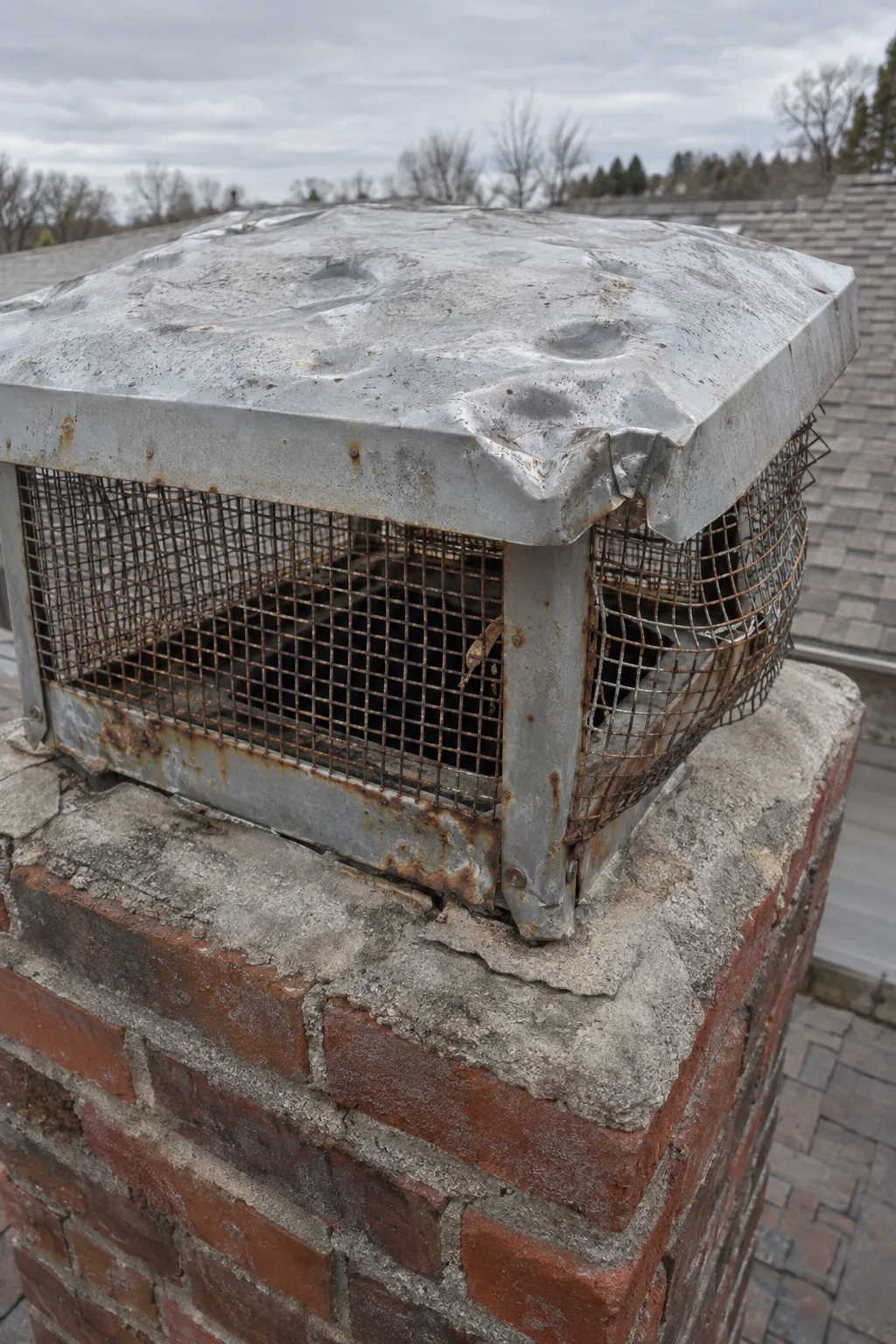A galvanized chimney cap heavily dented from hail strikes, with corroded and warped wire mesh panels, mounted on a brick flue on a residential rooftop under flat overcast daylight