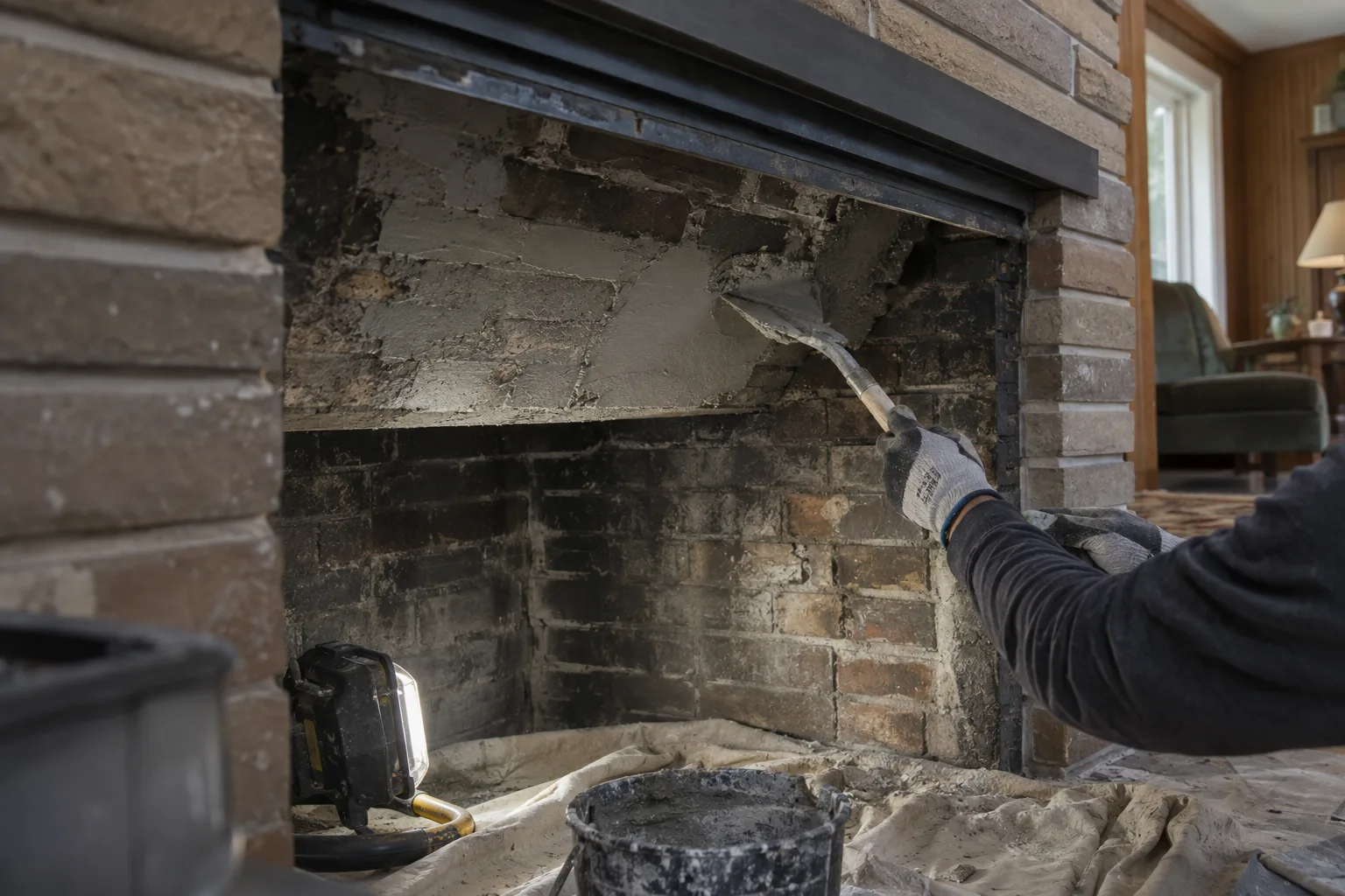 A technician's gloved hands applying light gray refractory mortar with a long-handled trowel to the corbeled brick interior of a smoke chamber above a fireplace opening, with a portable LED work light illuminating the brick surfaces from the hearth below