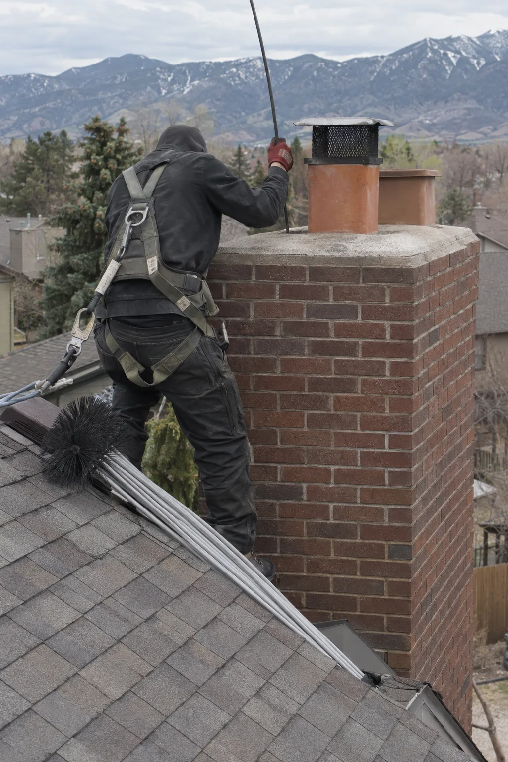 A chimney sweep from behind on a steep shingled roof, crouching next to a brick chimney with flexible cleaning rods nearby and a safety line attached, under a clear blue Colorado sky