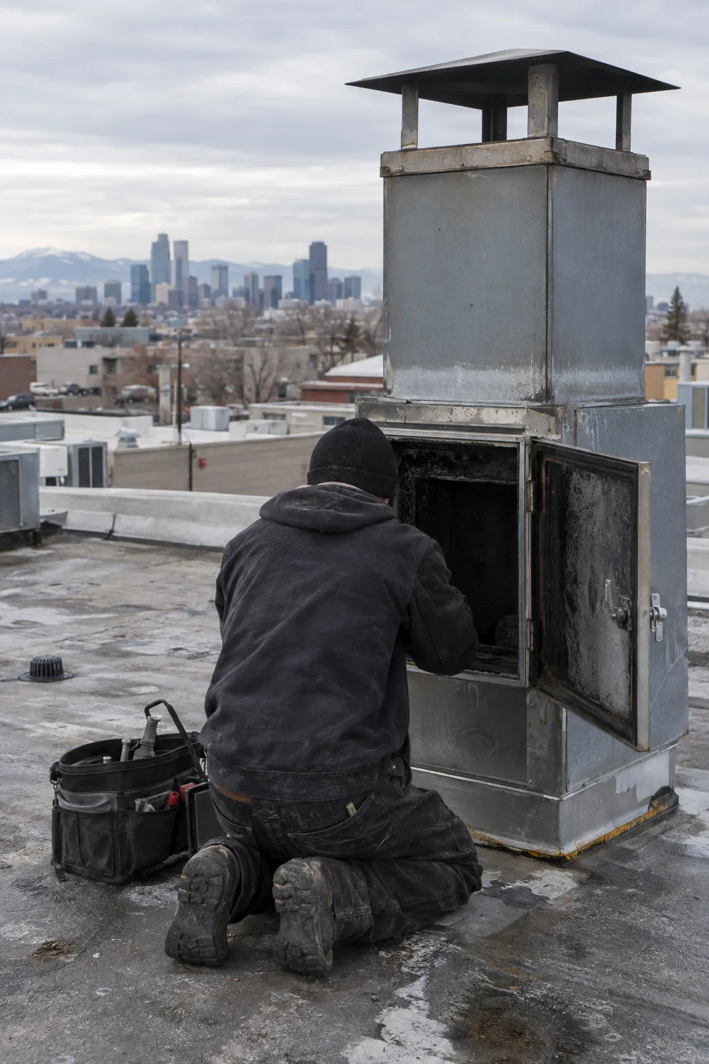 A technician crouching on a flat commercial rooftop examining an open metal exhaust flue access panel, with a hazy Denver-area skyline visible across the horizon under an overcast morning sky.