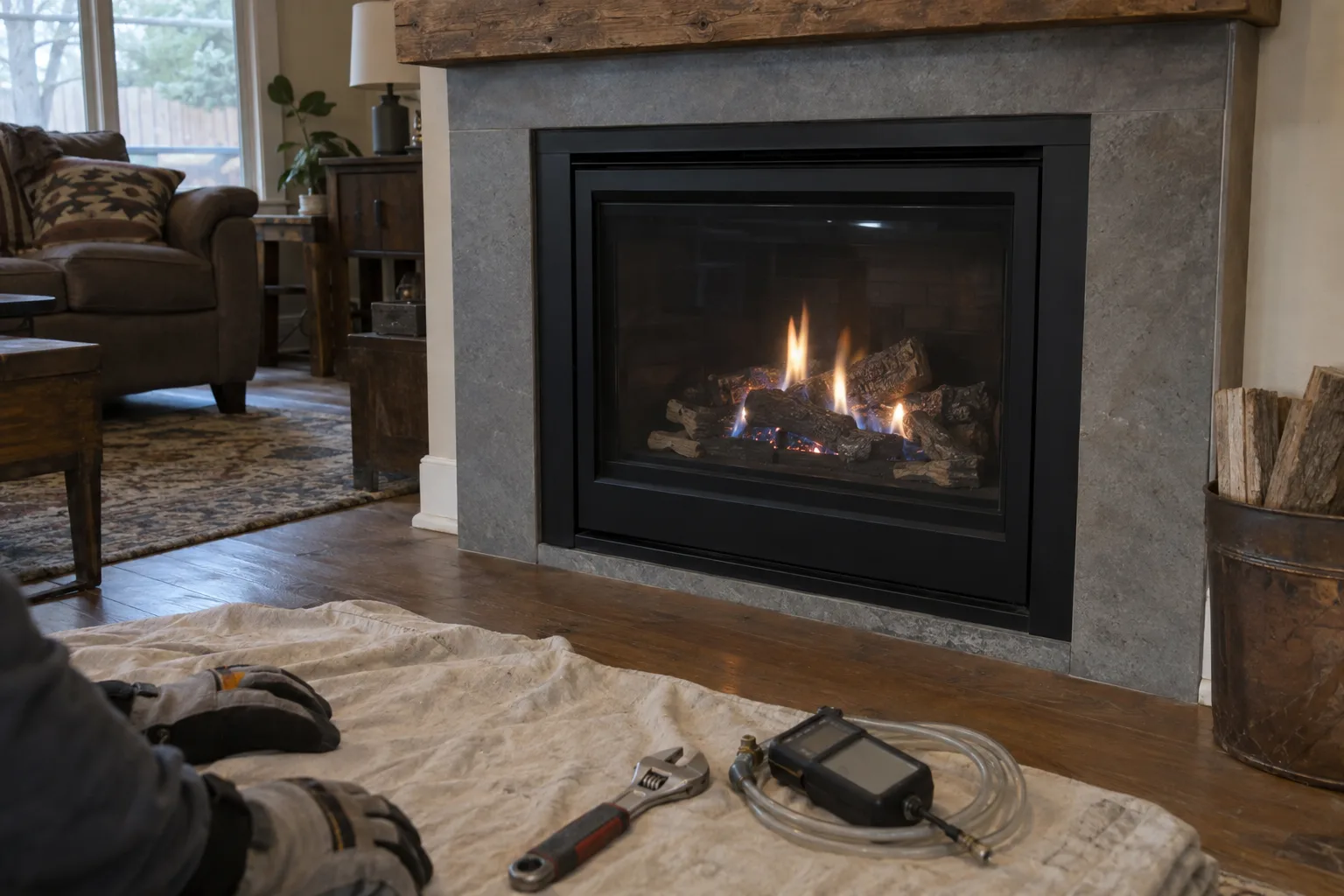 A newly installed direct-vent gas fireplace burning steadily in a living room wall, with a canvas drop cloth holding hand tools in the foreground and a gloved worker's hands visible at the cloth's edge