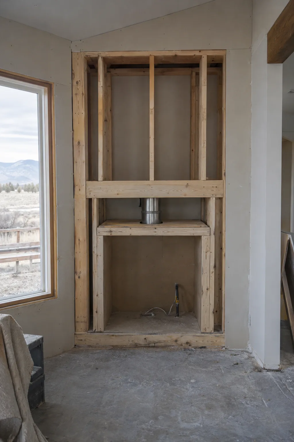 A prepared wall opening framed with raw lumber studs and a header inside a living room under renovation, sized for a direct-vent fireplace insert, lit by natural daylight from a nearby window