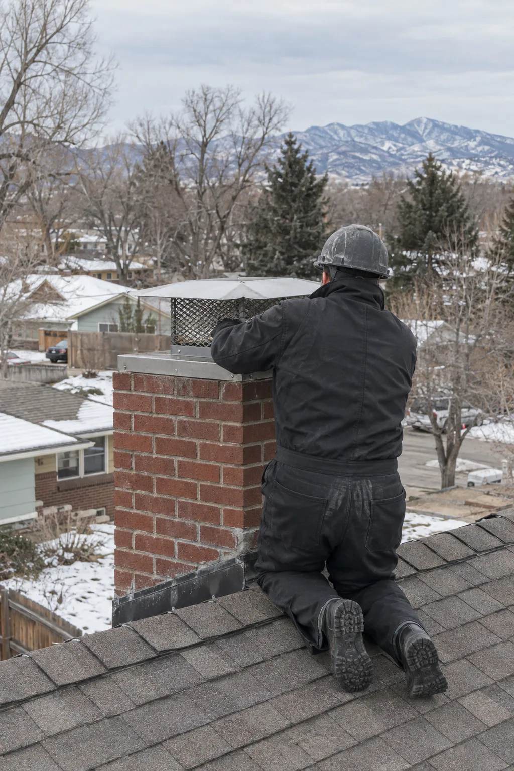 A chimney technician in coveralls and a hard hat kneeling on a snowy-edged asphalt shingle roof beside a red brick chimney with a metal cap, with a Denver-area suburban neighborhood and the Rocky Mountain foothills faintly visible in the background under a pale winter sky.
