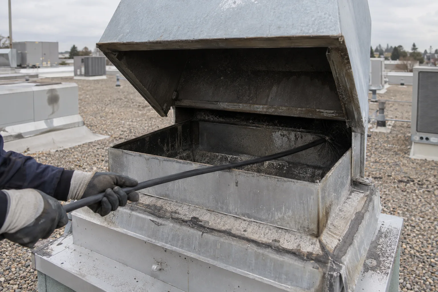 Gloved hands feeding a flexible cleaning rod into a large square commercial exhaust duct opening on a flat gravel rooftop, with rooftop HVAC units out of focus in the background under an overcast sky.