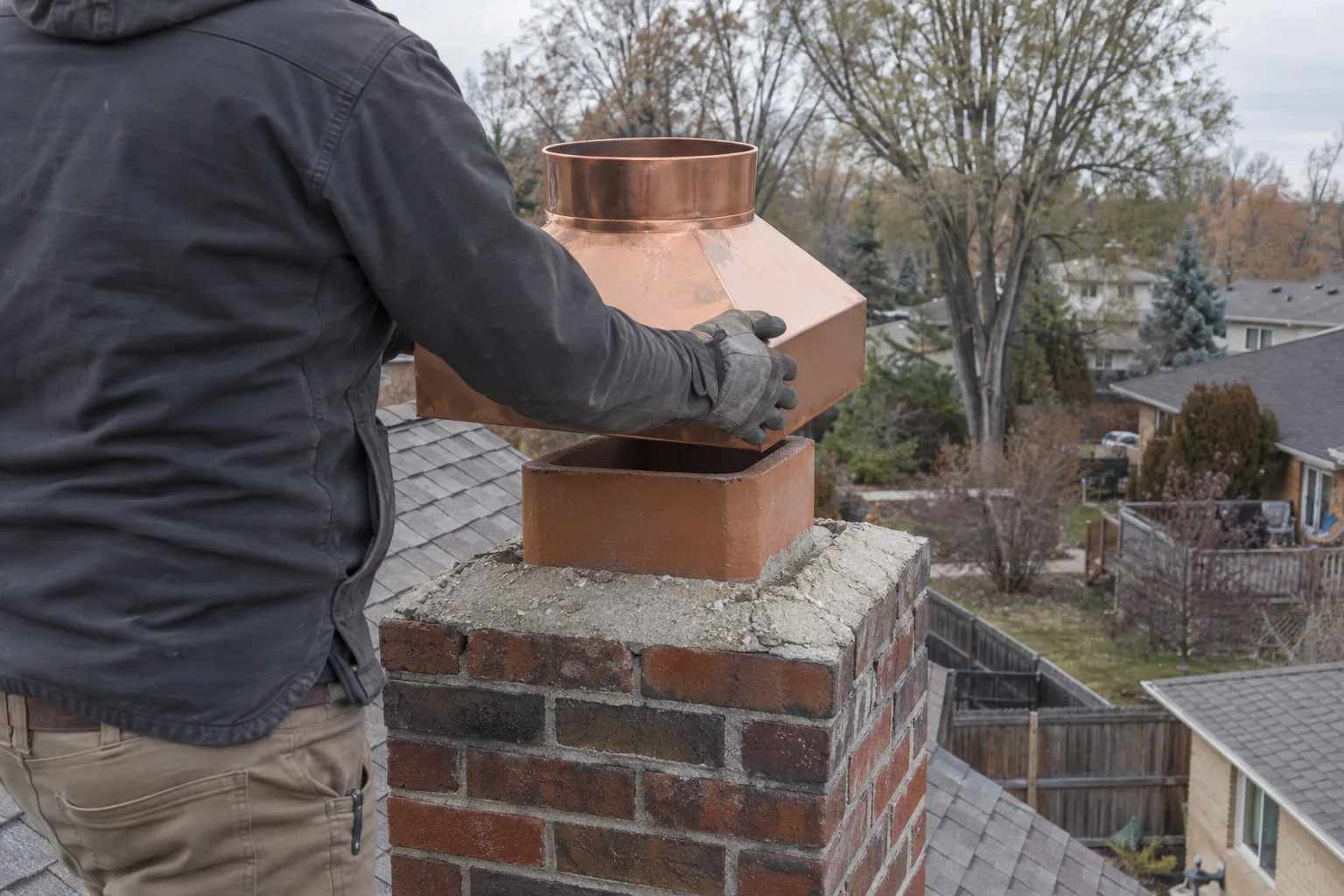 Gloved hands fitting a bright copper chimney pot base down over a square clay flue tile at the top of a brick chimney stack on an asphalt-shingle roof, with a suburban Lakewood neighborhood of rooftops and cottonwood trees softly visible in the background