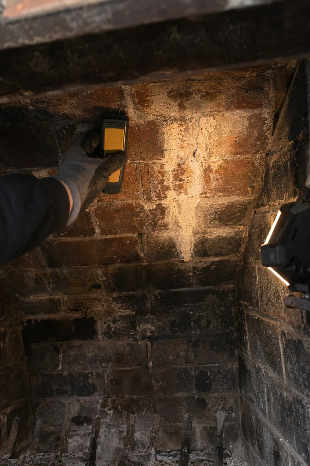 A gloved hand holds a pin-type moisture meter against aged interior brick masonry above a fireplace smoke shelf, with a work light revealing white mineral deposit staining along the mortar joints