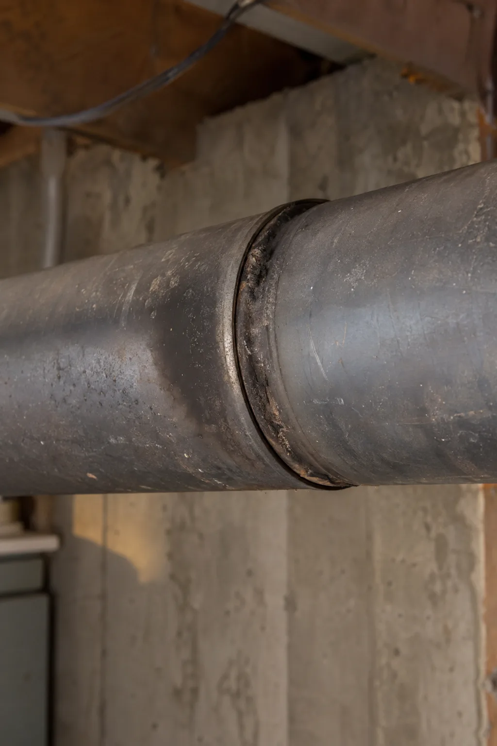 A metal flue connector pipe joint in a residential mechanical room, showing a gap between two pipe sections with soot staining, photographed in close-up under warm utility lighting against a concrete wall