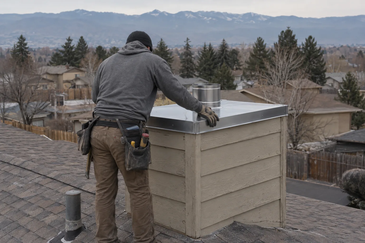 A worker seen from behind on a shingled roof positions a new stainless steel chase cover onto the top of a wood-framed prefab chimney chase, with Colorado foothills visible in the early-morning background