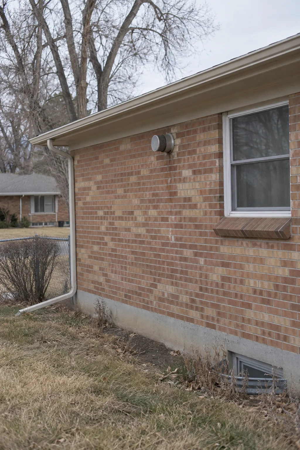 Side wall of a 1960s brick ranch home showing a round metal appliance flue termination cap mounted near the roofline, with dry Front Range grass and cottonwood trees visible in the background under overcast Colorado daylight.