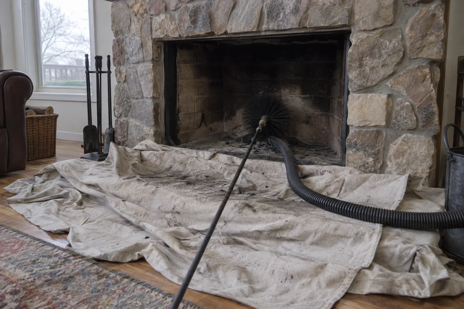 Canvas drop cloths laid over a hearth and living room floor in front of an open masonry firebox, with a round sweep brush on a flexible rod and a vacuum hose staged at the opening