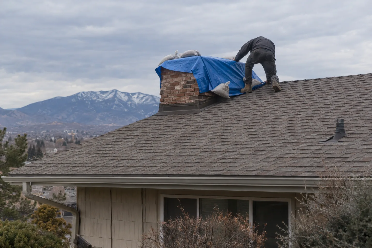 A worker crouching with their back to the camera on a steep shingle roof, securing a blue tarp over an exposed brick chimney flue opening under overcast morning light