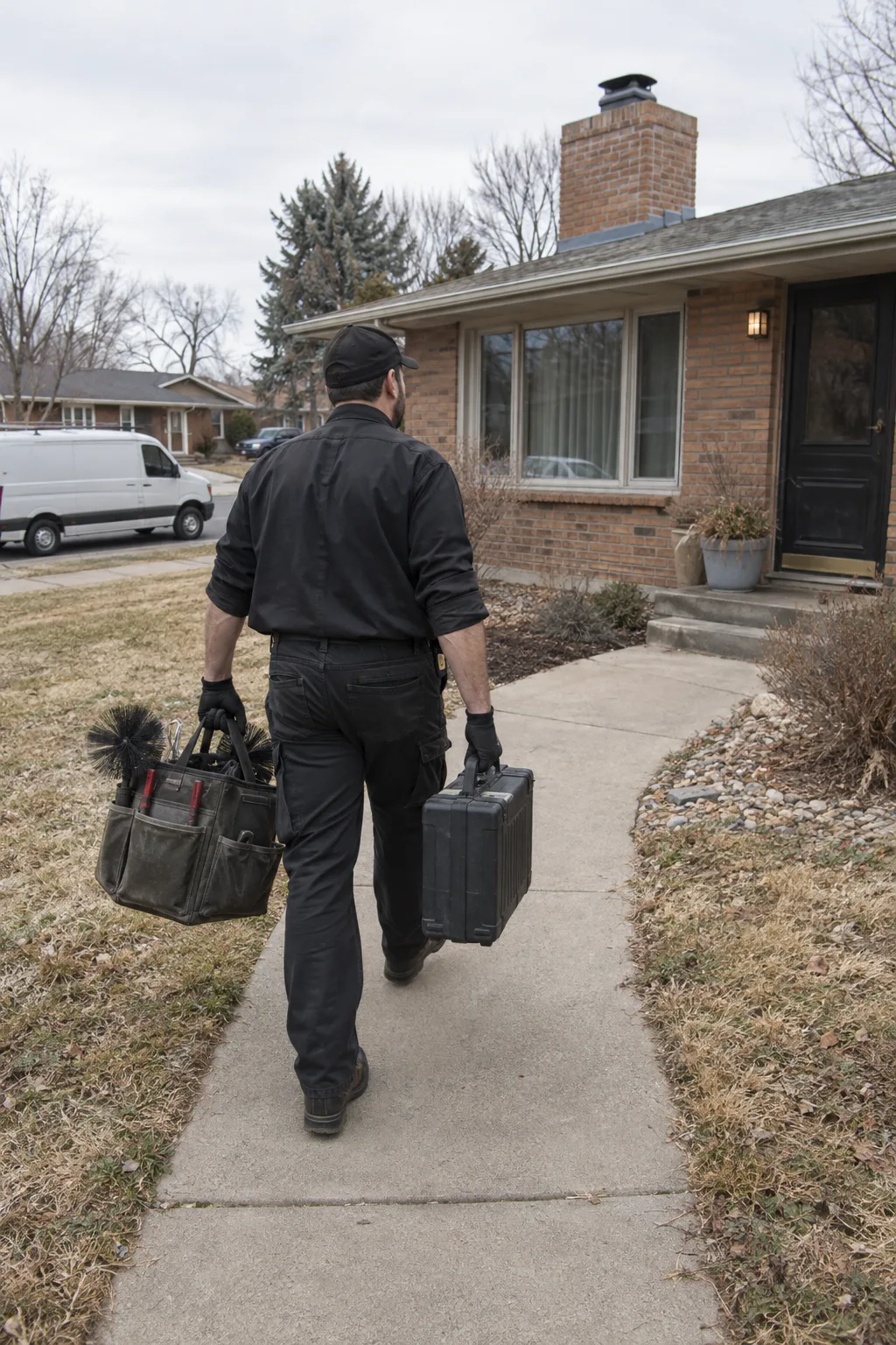 A chimney sweep carrying a tool bag and equipment case walks toward the front door of a brick suburban ranch house, with a white cargo van parked at the curb in morning light