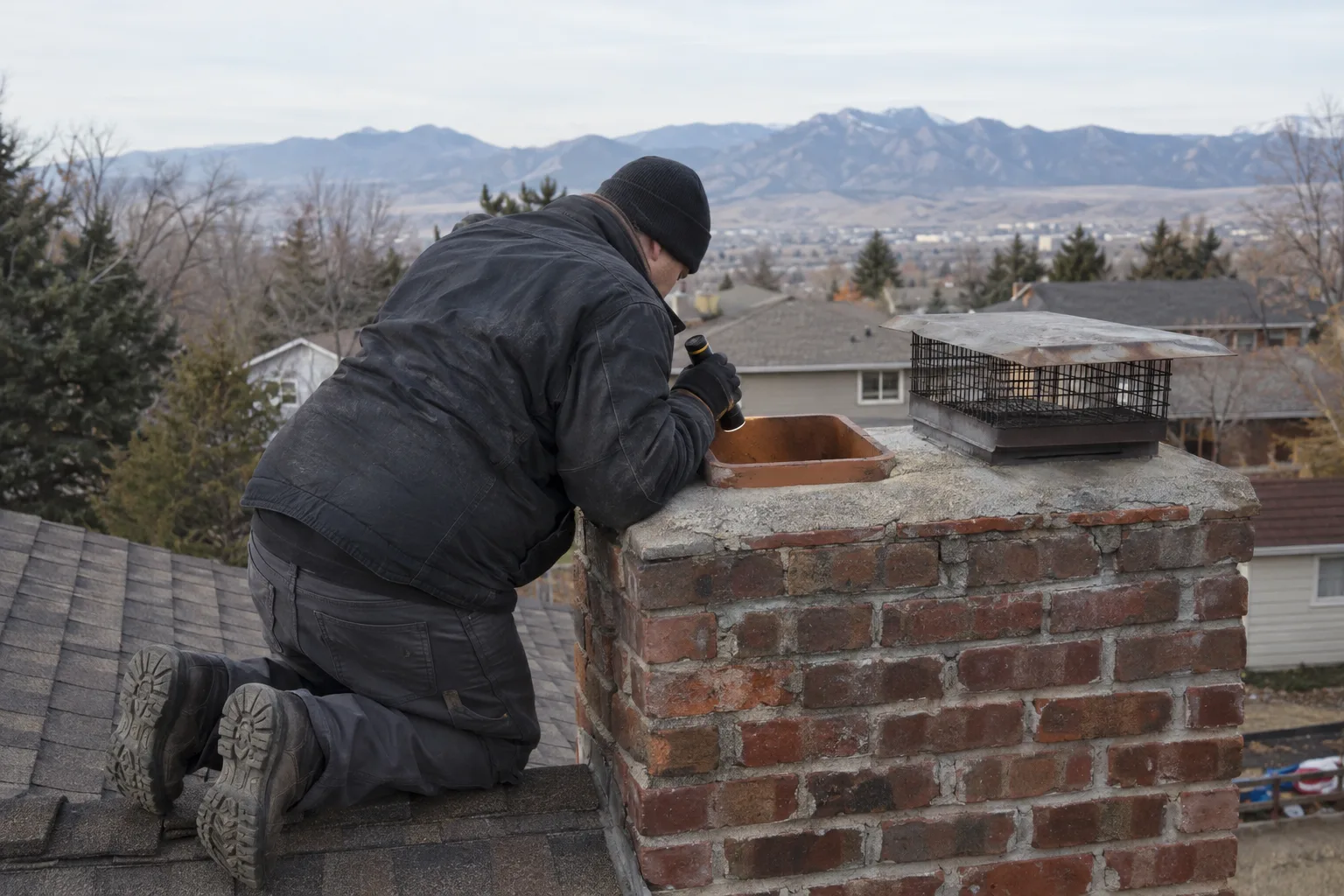 A chimney technician kneeling on a residential rooftop leans over a brick chimney, directing a flashlight down into the flue opening, with Colorado foothills visible in the background under morning light