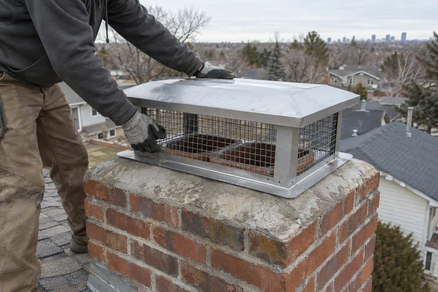 A technician's gloved hands setting a stainless steel chimney cap onto a brick chimney crown on a residential rooftop in morning light, with a suburban neighborhood visible in the soft background
