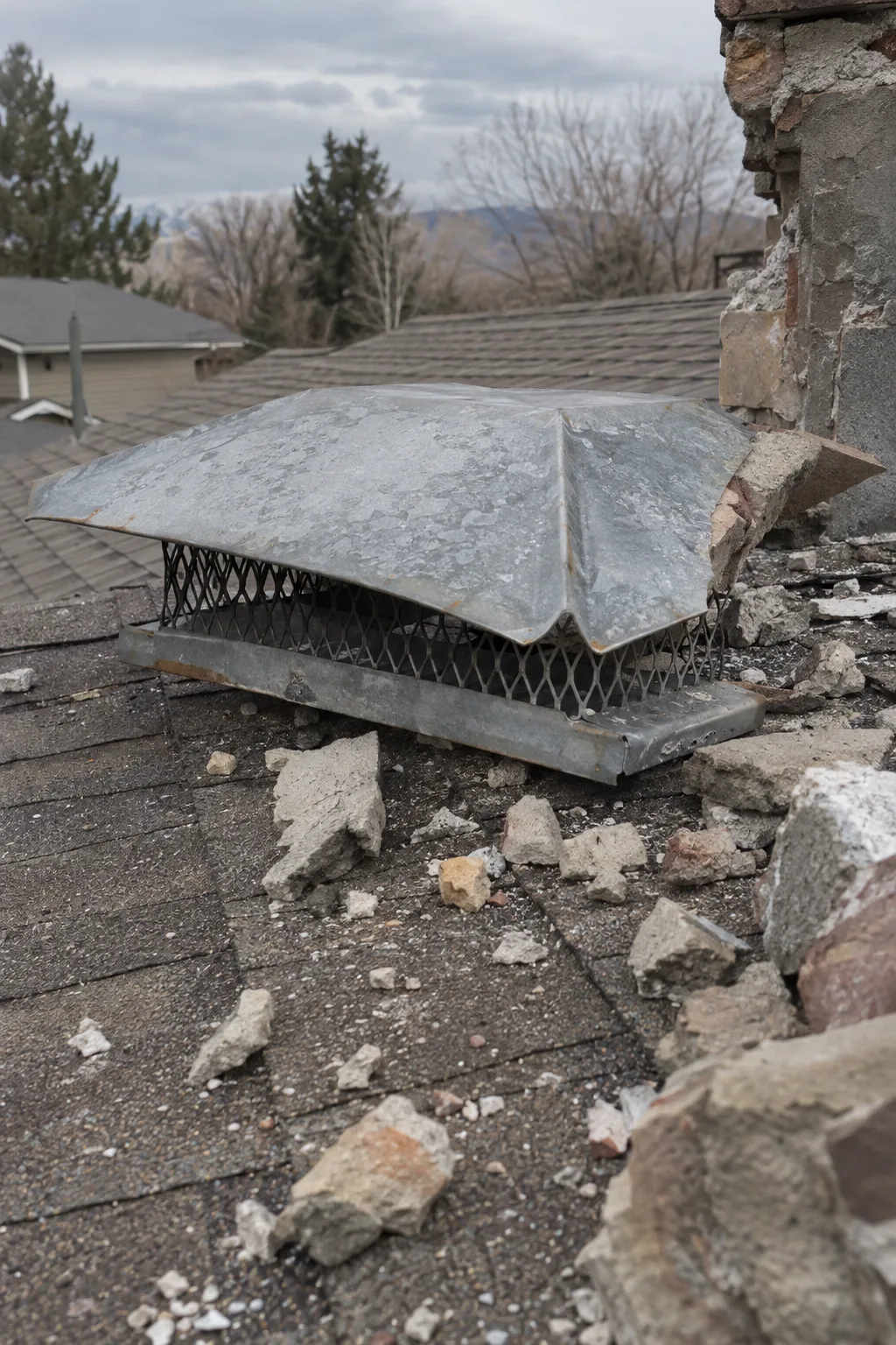 A dislodged chimney cap resting on asphalt roof shingles surrounded by crumbled mortar debris under flat overcast daylight