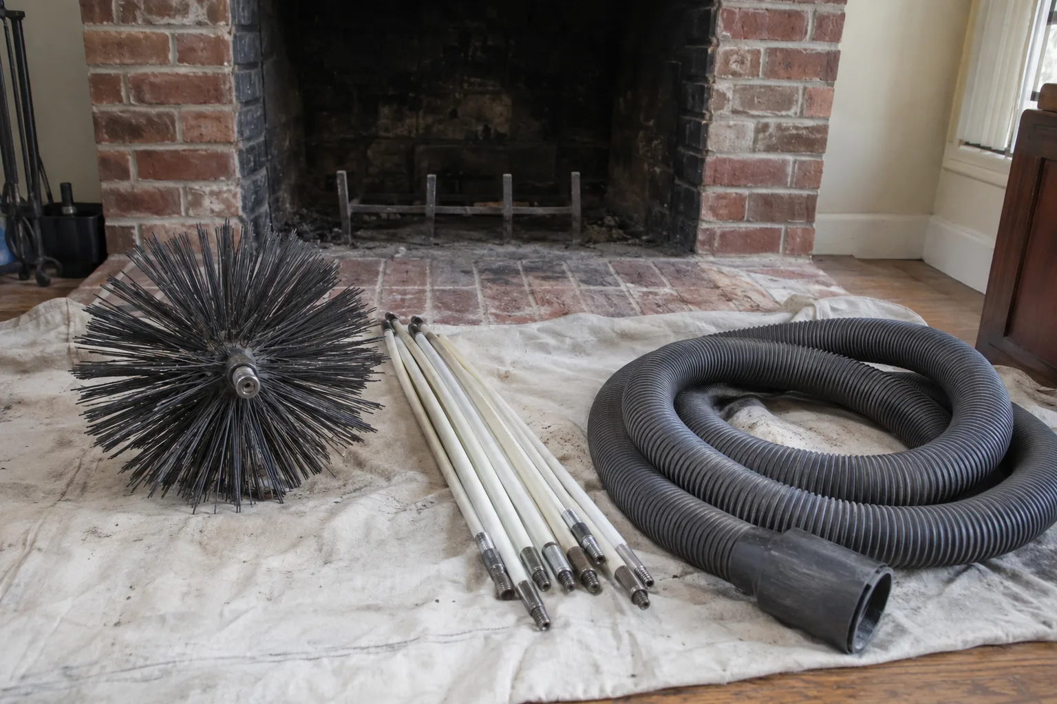A rotary chimney brush head, flexible extension rods, and a HEPA vacuum hose resting on a canvas drop cloth in front of an open brick firebox, lit by soft natural daylight