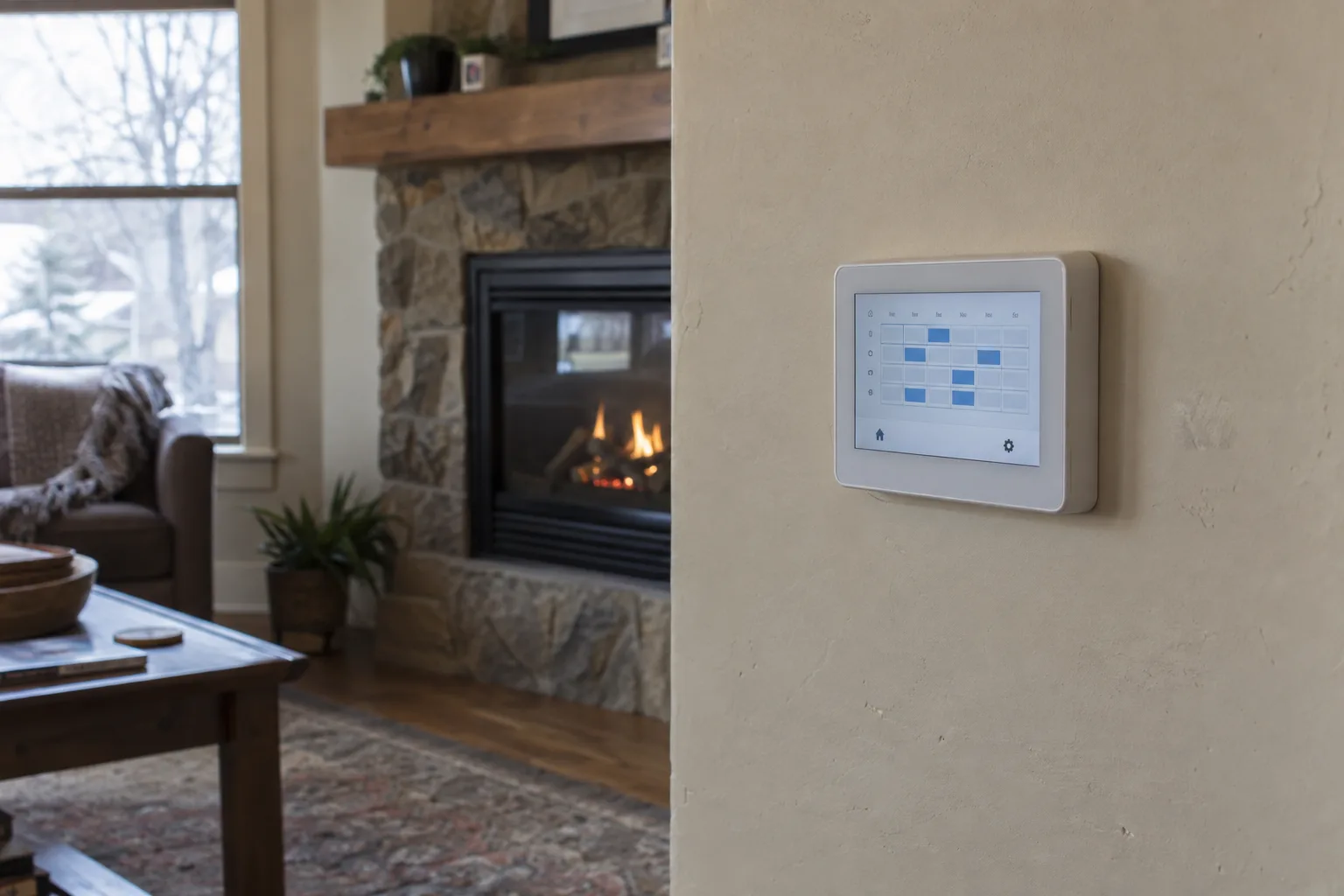 A smart thermostat on a living room wall showing a weekly temperature schedule, with a lit gas fireplace glowing in the background behind it