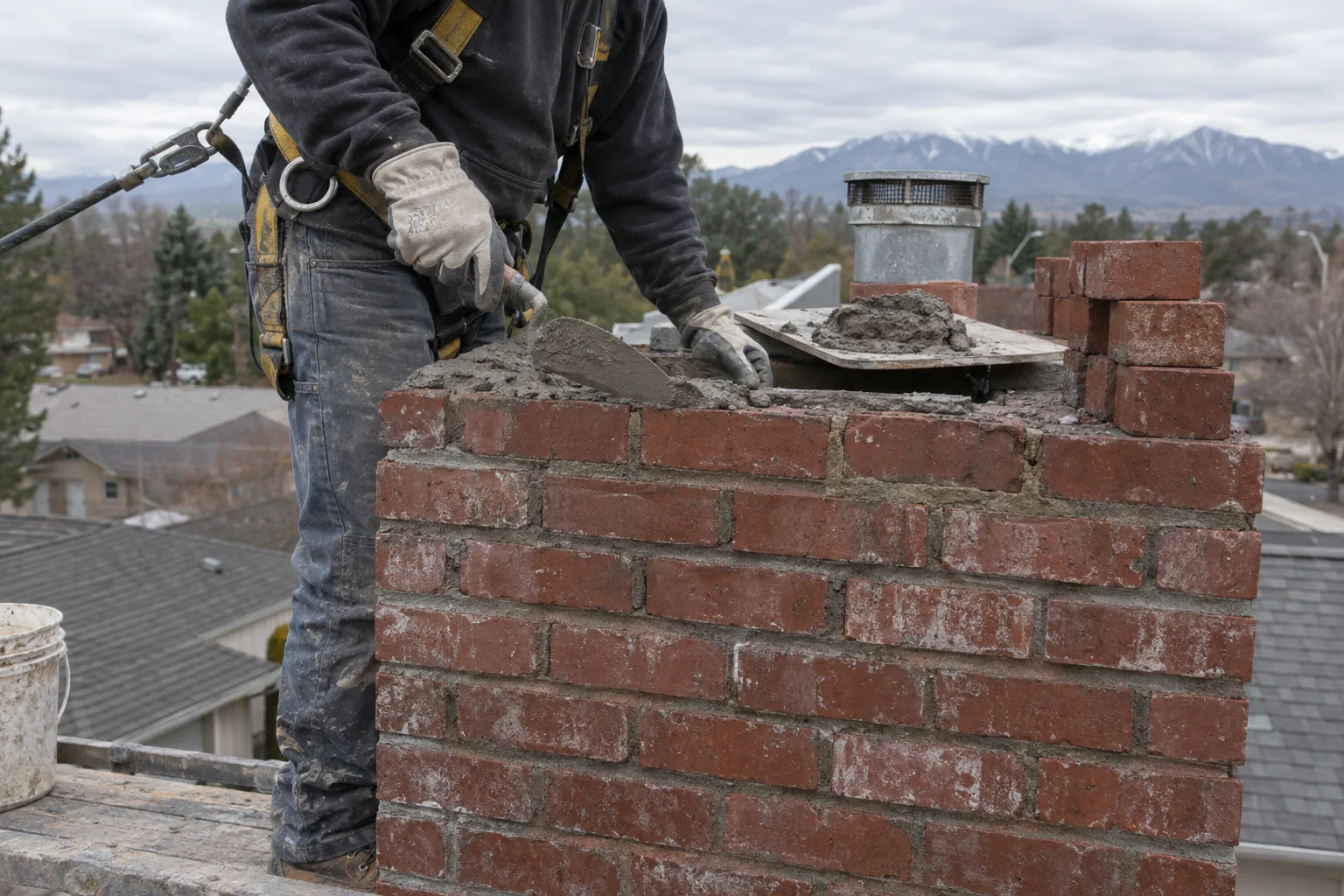 Masonry worker's gloved hands applying mortar to the top courses of a brick chimney stack on a rooftop, with a mortar board, replacement bricks, and a safety harness line visible under an overcast sky