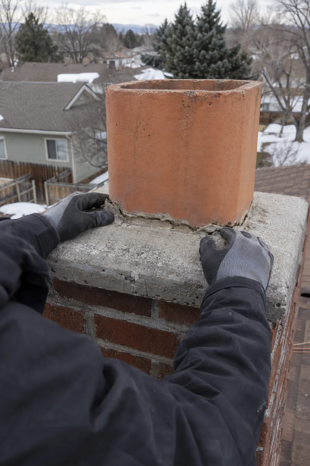 A chimney technician's gloved hands examining the junction between a concrete chimney crown and a terracotta flue tile on top of a brick chimney, on a residential rooftop on an overcast winter day