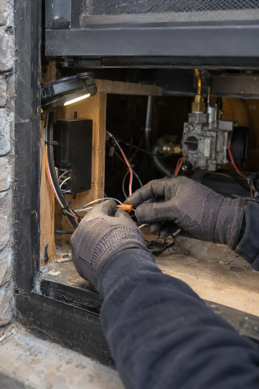 Open gas fireplace access panel with a work light illuminating low-voltage wiring, a receiver module mounted to the firebox framing, and a gas valve visible in the background, with gloved hands steadying a wire connector