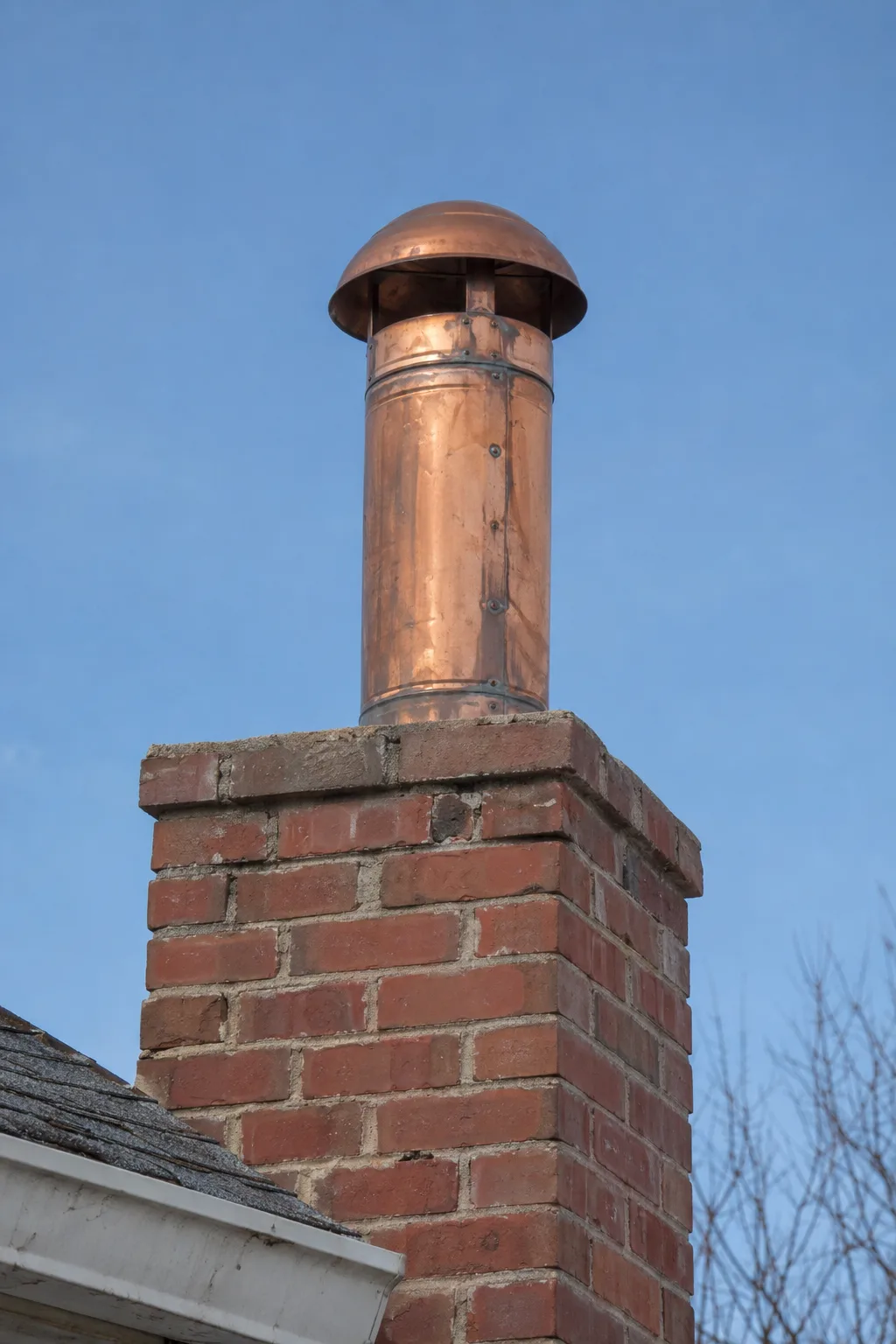 A tall copper chimney pot with a domed rain cap mounted on a red-brick chimney stack, photographed from a low angle against a clear blue Colorado sky, the copper surface showing warm amber tones with early green patina at the seams