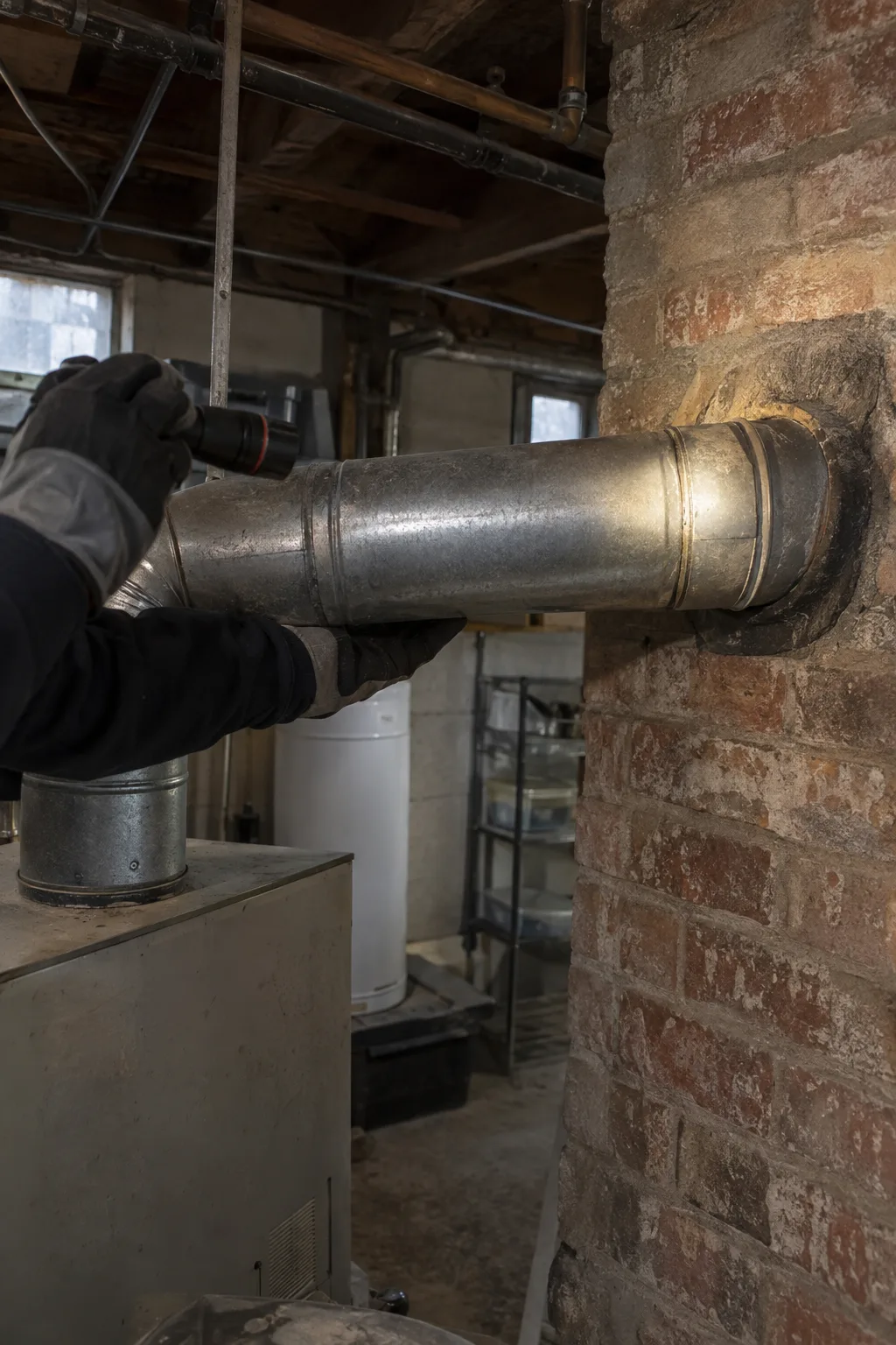 A technician's gloved hand holding a flashlight illuminates a metal flue connector pipe running from a furnace toward a masonry chimney thimble in a basement mechanical room