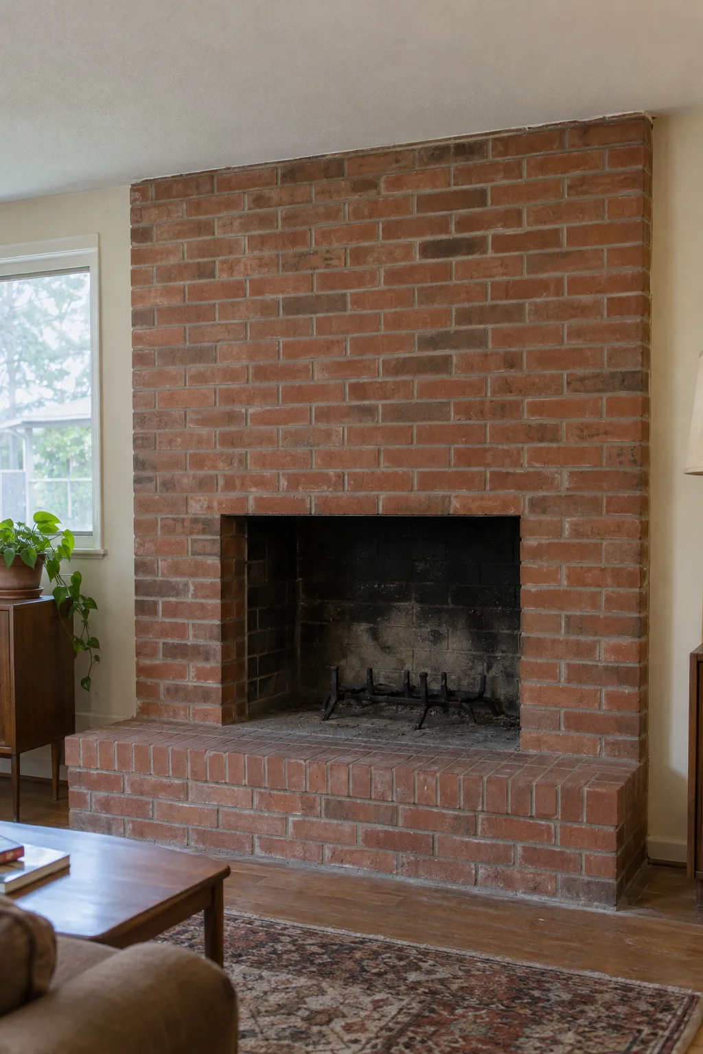 A bare brick fireplace surround with no mantel, set inside a mid-century ranch home living room, lit by natural daylight from a nearby window