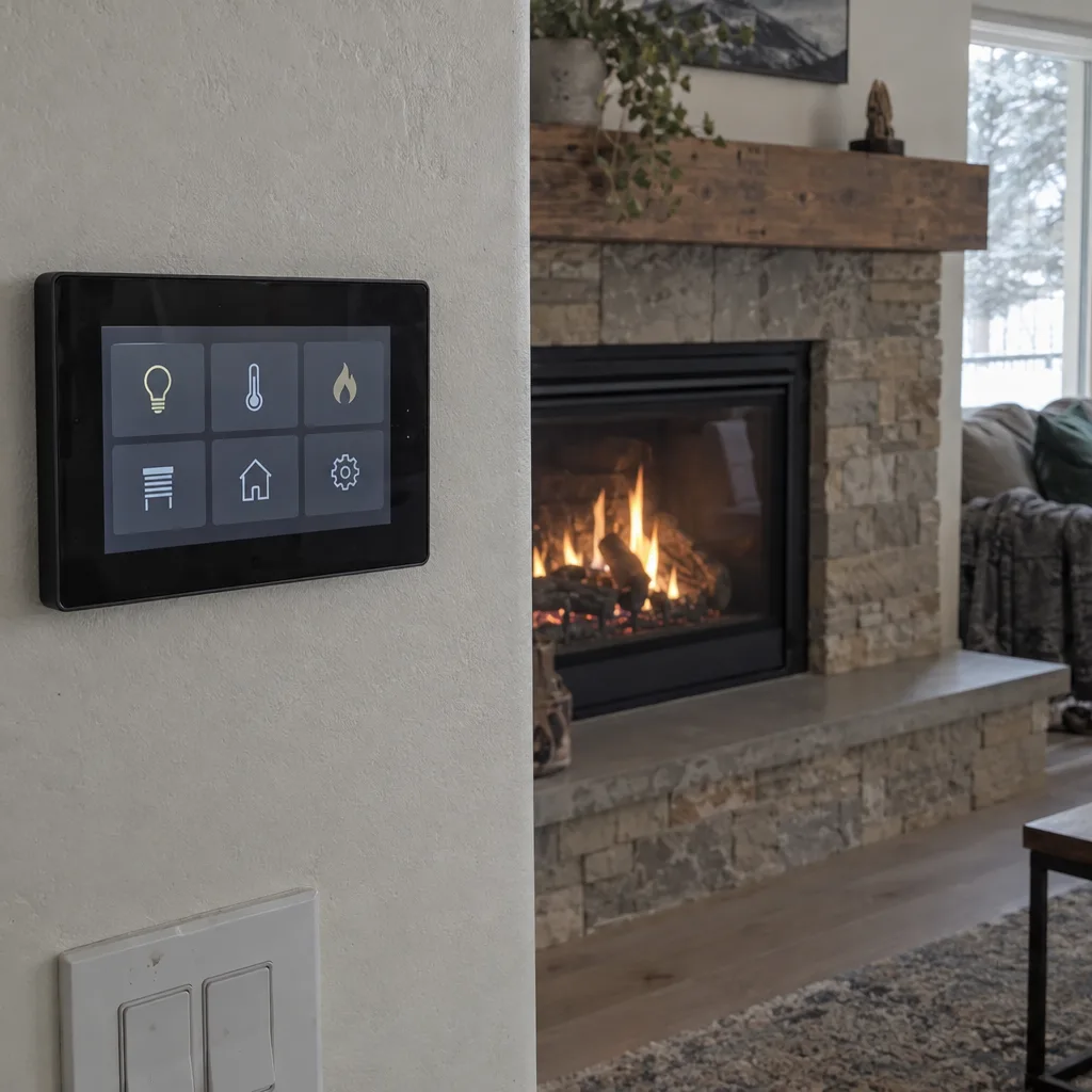A wall-mounted smart home control panel showing app tiles for lighting, thermostat, and fireplace, with a lit gas fireplace glowing in the background