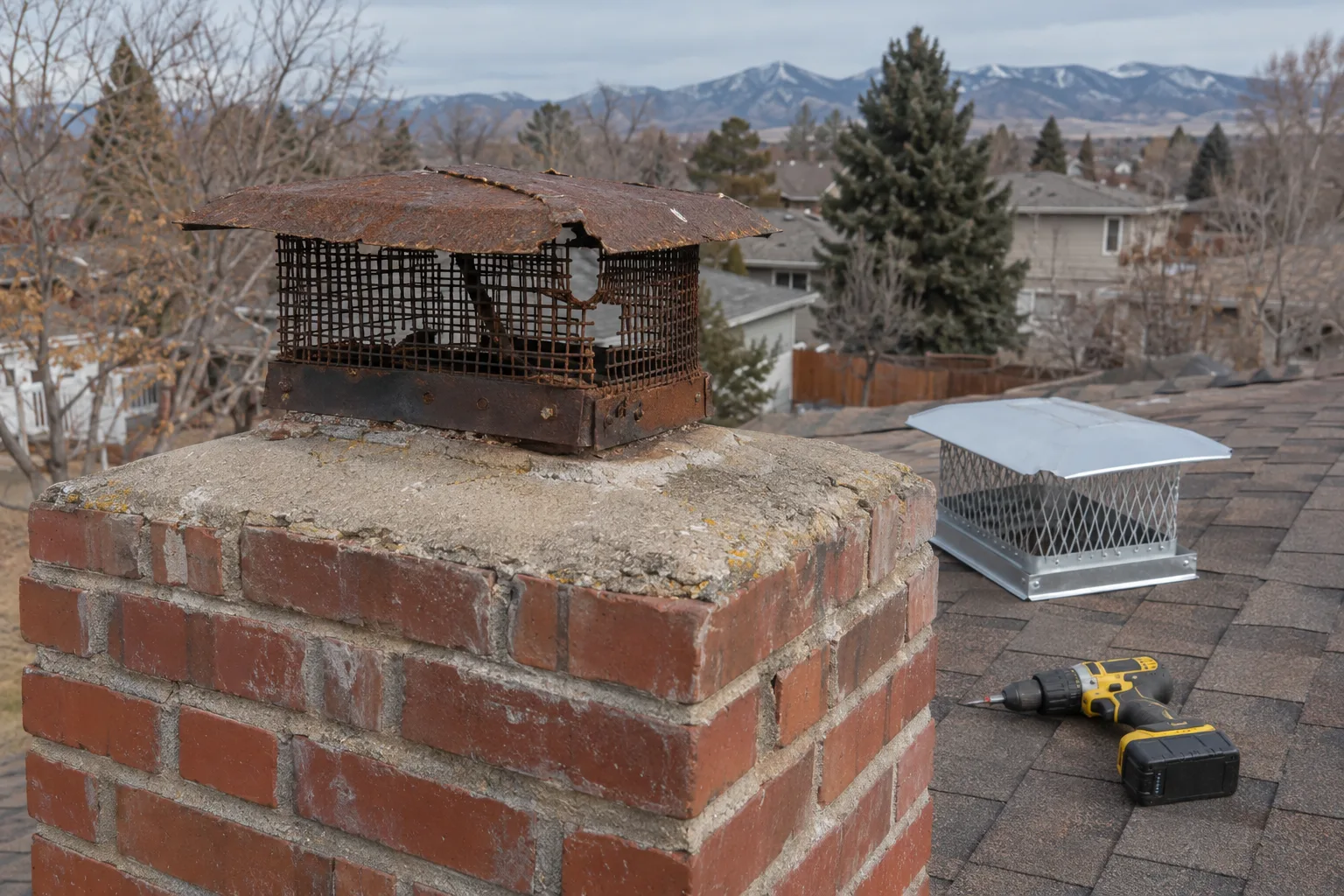 A deteriorated rusted wire mesh chimney cap on a brick flue opening atop a residential shingle roof, with a cordless drill and a new replacement cap resting on the roof surface nearby, blue Colorado sky in the background