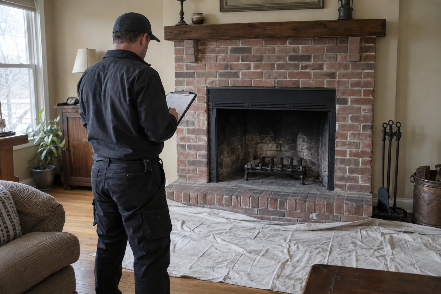 Chimney technician with a clipboard beside a brick fireplace