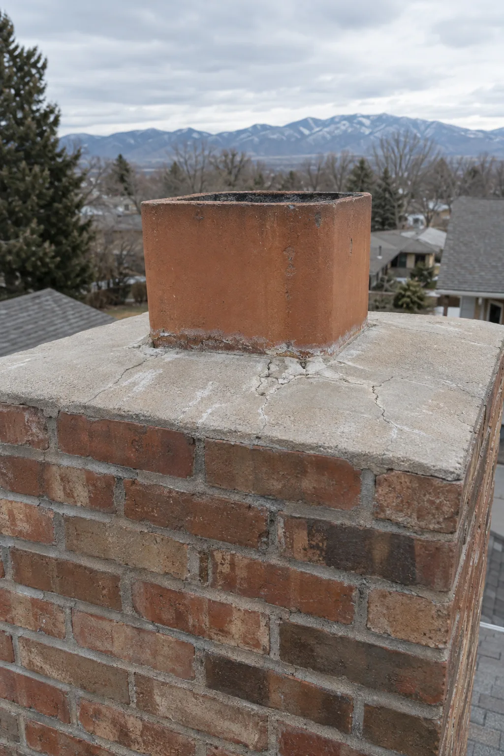 Weathered concrete mortar-wash chimney crown seen close-up from above, sitting flush with the brick chimney top, with hairline cracks radiating from the base of the clay flue liner collar across the crown surface