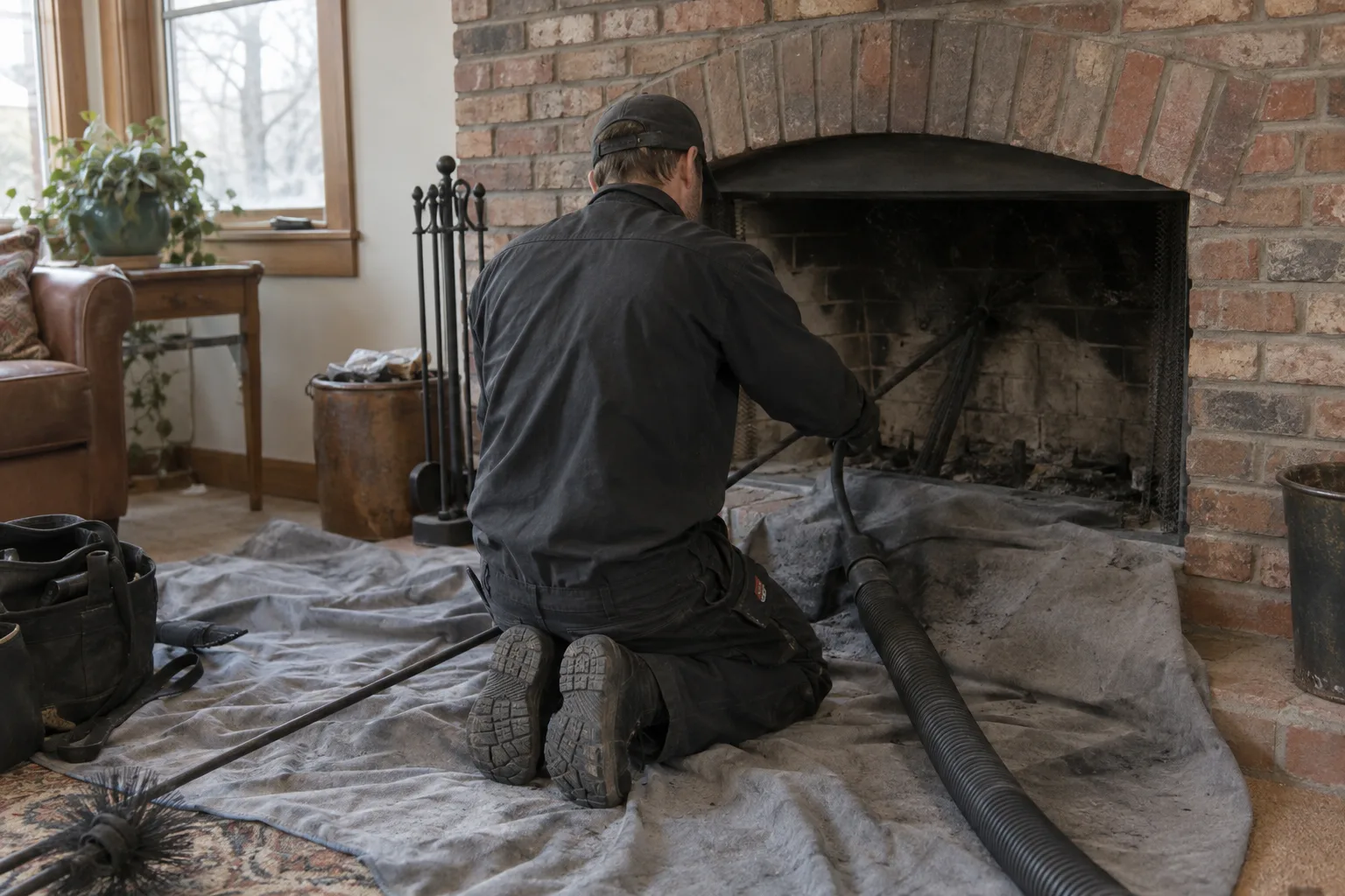 A chimney technician kneeling with their back to the camera on a grey drop cloth in front of an open brick fireplace, with sweep rods inserted into the firebox and a shop vacuum hose running into the opening, lit by natural window light