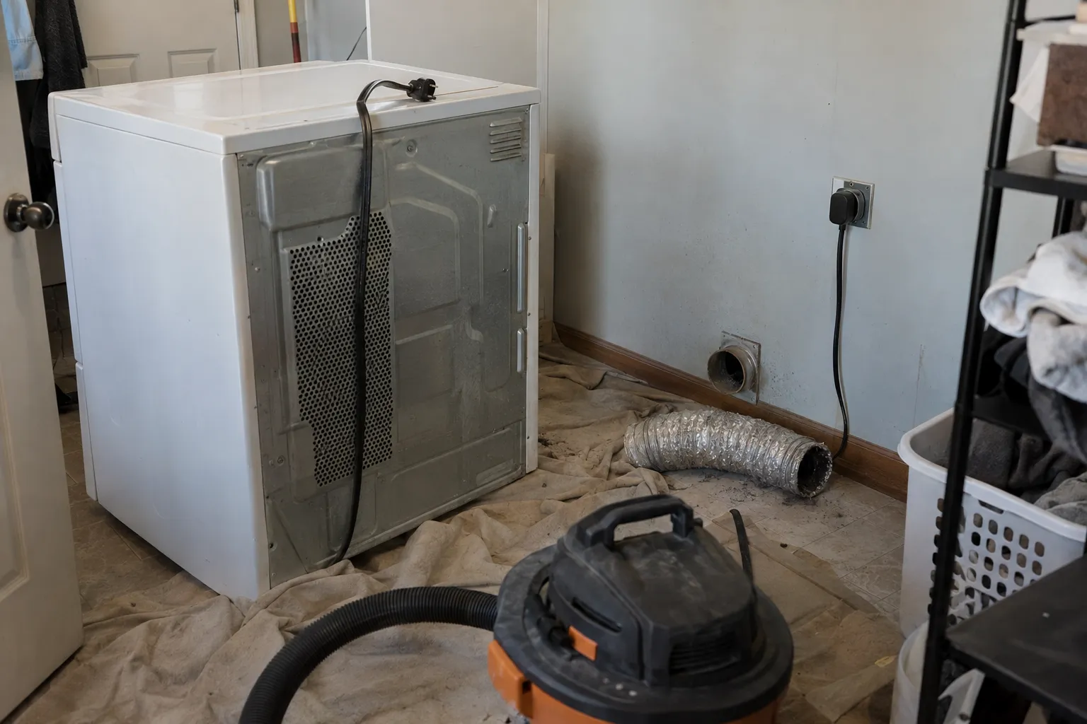 Dryer pulled from the wall with the crushed transition hose disconnected