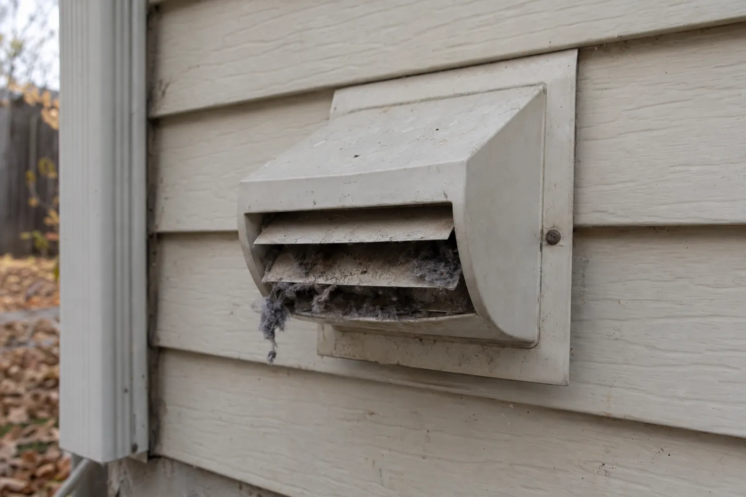 Exterior dryer vent hood with lint caught in the flap