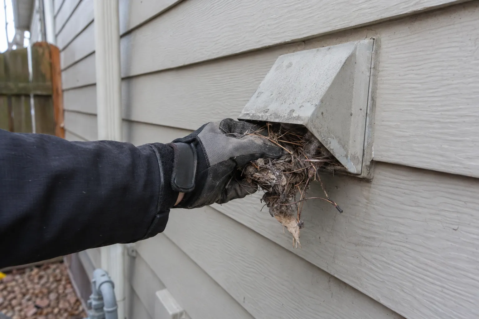 Bird nesting material pulled out of a dryer vent hood
