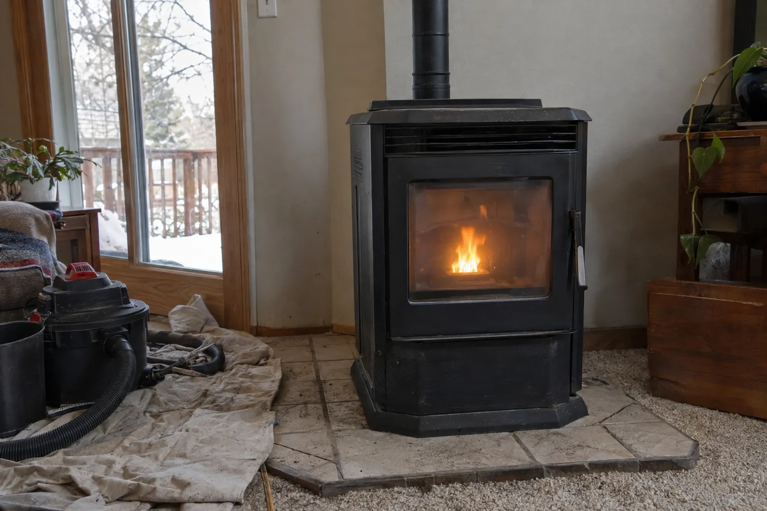 Pellet stove running after its annual cleaning