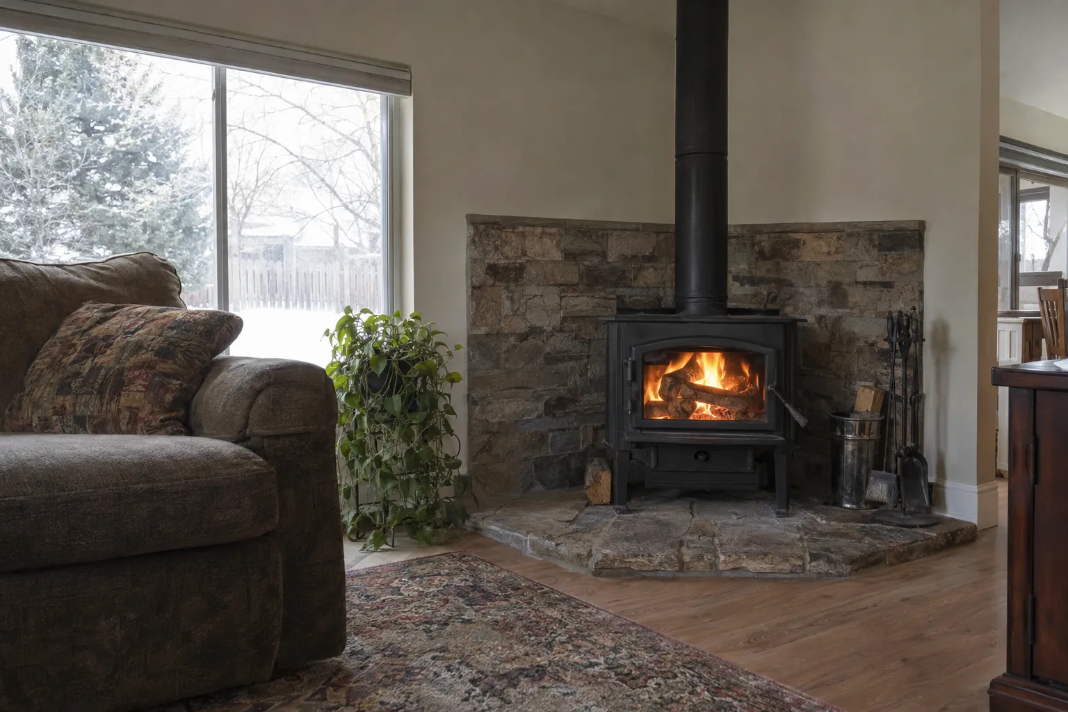 Wood stove burning on a stone hearth pad in a Lakewood living room