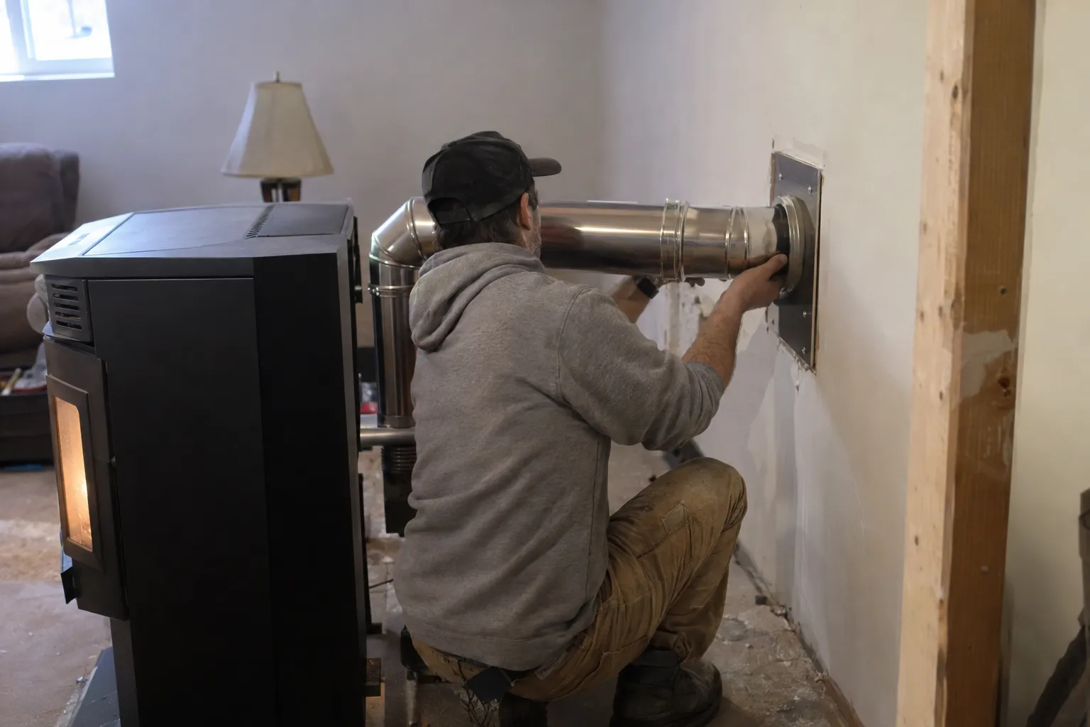 Technician fitting the vent pipe for a pellet stove