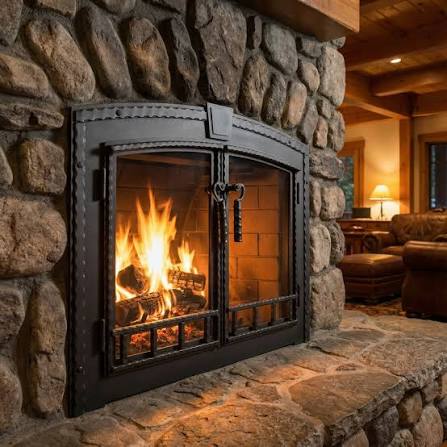 Custom glass fireplace doors fitted to a fireplace opening by AR Chimney Pros in Lakewood, Colorado